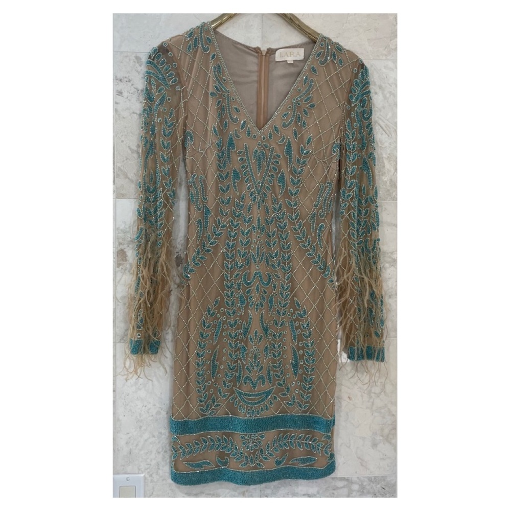 LARA {6} Dress Nude Teal Beaded Cocktail Dress Long-Sleeved - Picture 1 of 16